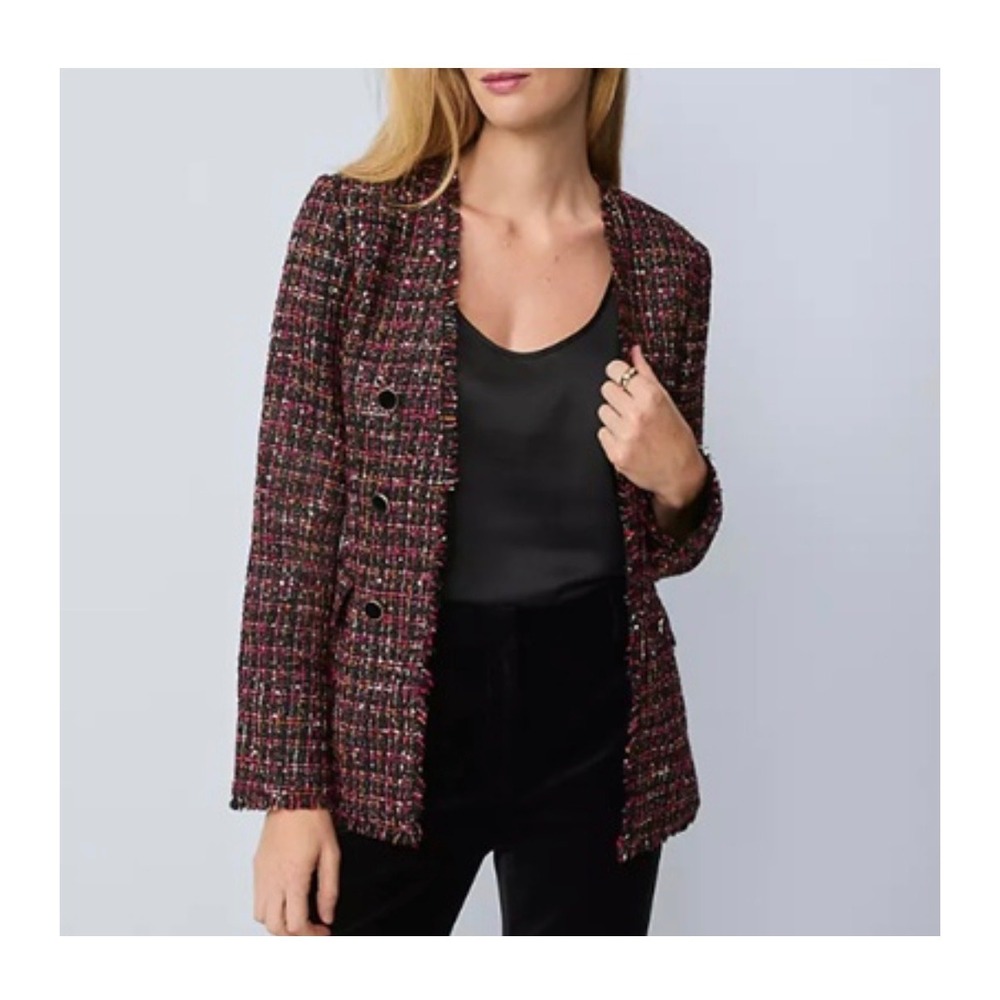 NWT Ann Taylor Tweed Jacket Women 16P Open Front Blazer Luxury Chanel Style